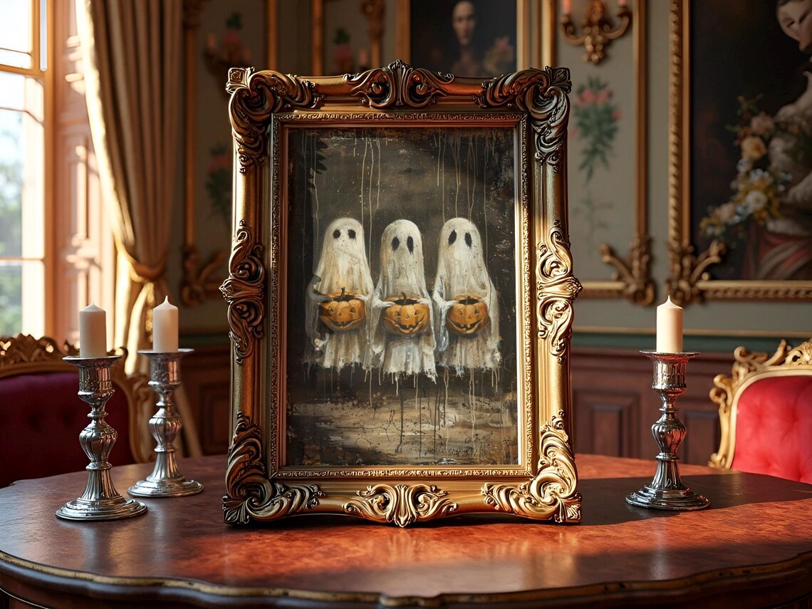 Three Ghosts With Pumpkins Art Print Spooky Halloween Wall Decor Whimsical Haunted Trio Painting Png