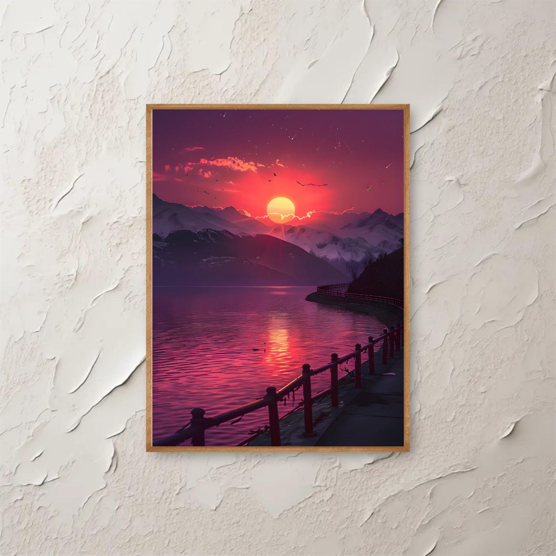 Pink and Purple Sunset Lake with Mountains and Wooden Pier Poster