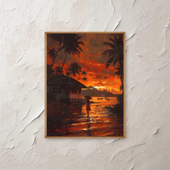 Tropical Sunset Rainy Beach Wall Art Woman With Umbrella Print Palm Tree Ocean Landscape Dramatic Red Orange Sky Poster