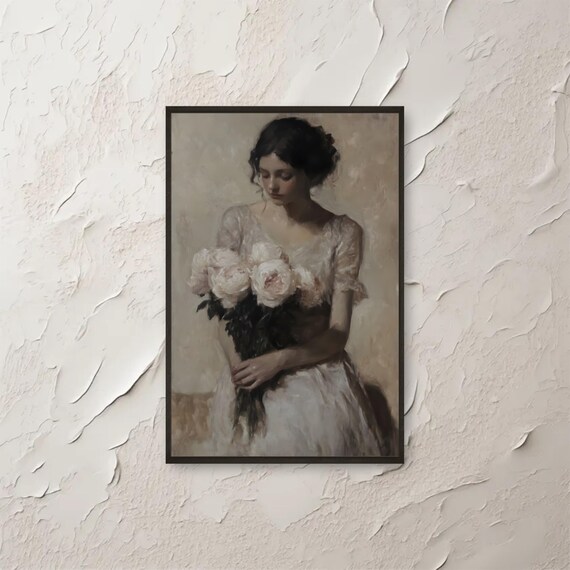 Vintage Floral Tapestry Art Neutral Silk Textile Pattern Print Antique Botanical Wall Decor