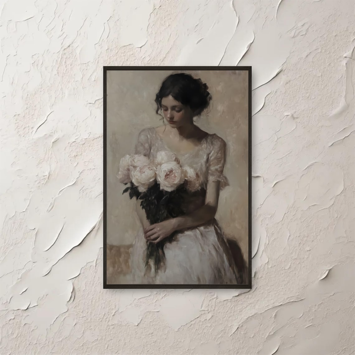 Vintage Woman Holding White Peonies Portrait Oil Painting Wall Art