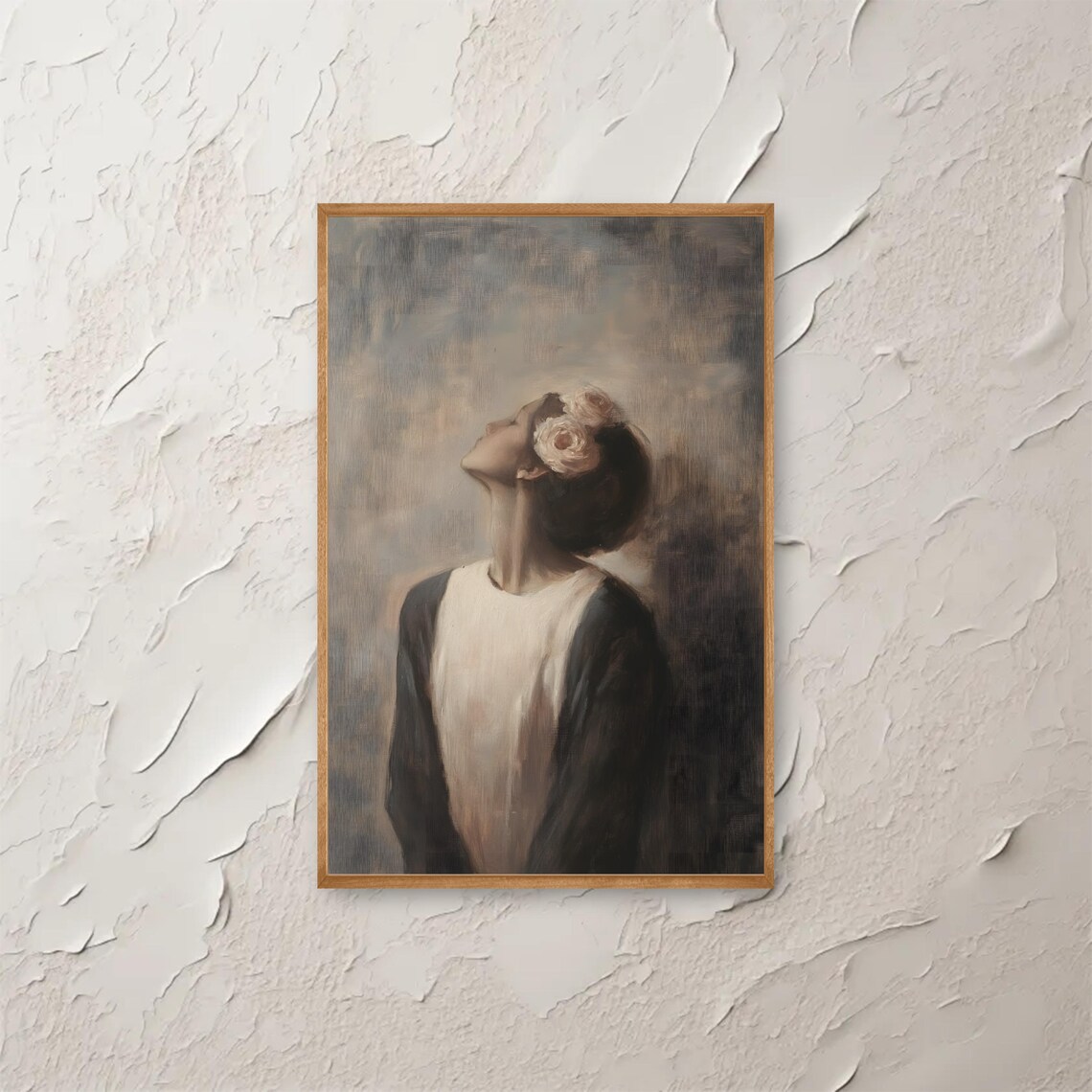 Pensive Woman Flower Crown Upward Gaze Romantic Painting Poster