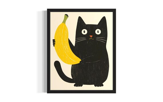 Black Cat Holding Banana Cute Cartoon Funny Whimsical Kitchen Poster