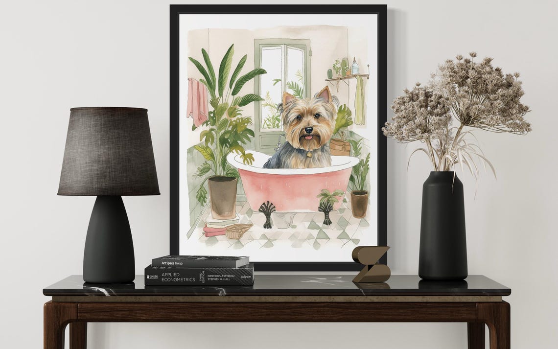 Yorkshire Terrier Bath Time Pink Tub Botanical Bathroom Art Poster - Image 3