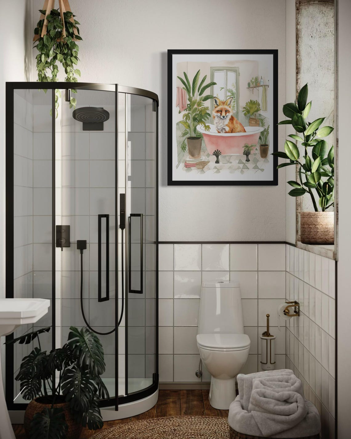 Red Fox Relaxing in a Pink Clawfoot Tub Watercolor Bathroom Poster - Image 3