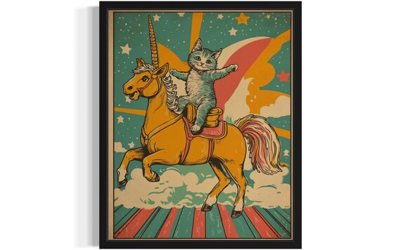 Kitten Riding a Unicorn Vintage Retro Circus Fantasy Art Poster