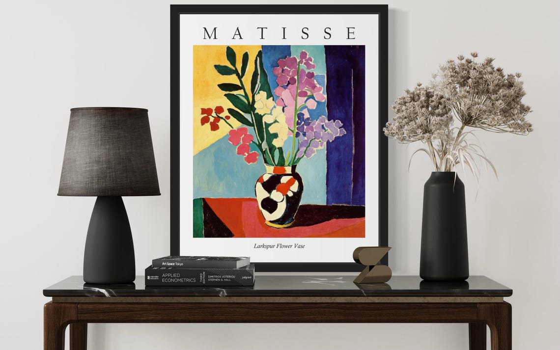 Larkspur Tall Blossom Spikes in Patterned Vase Matisse Style Poster - Image 3