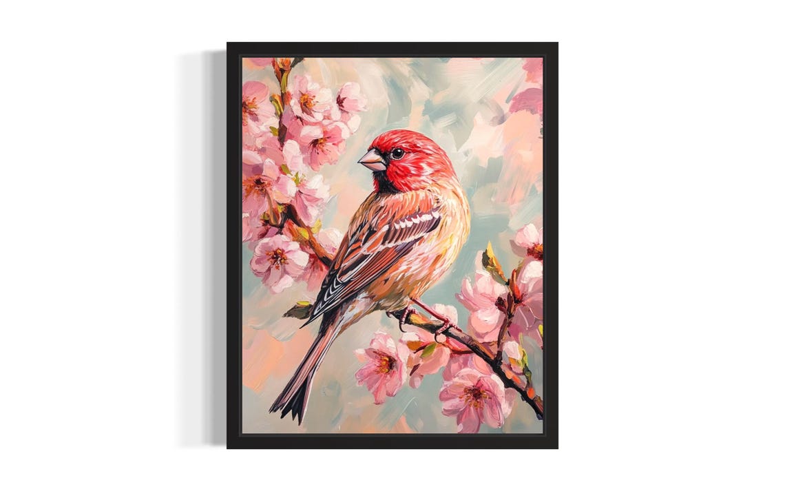 House Finch Songbird Among Pink Blossoms Spring Bird Painting Poster
