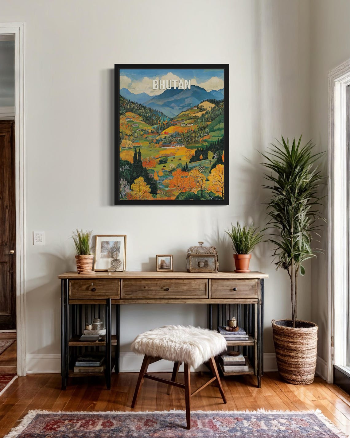 Bhutan Terraced Golden Fields Himalayan Valley Folk Art Travel Poster - Image 3