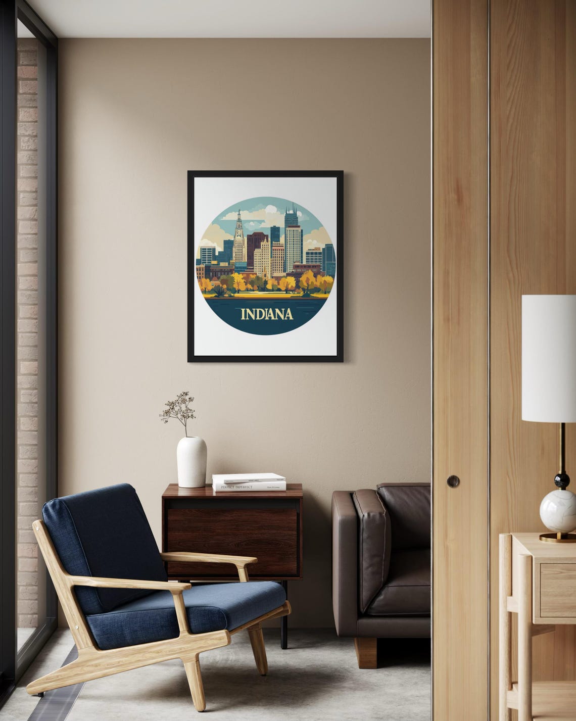 Indiana Downtown Skyline Circle Autumn Trees Riverbank Poster - Image 2