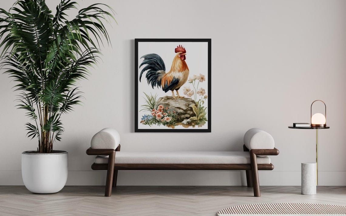 Rooster Standing on a Rock with Wildflowers Watercolor Poster - Image 3