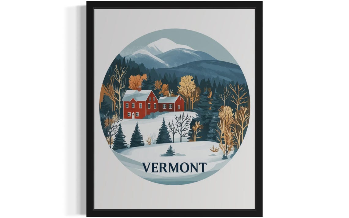 Vermont Snowy Red Farmhouse Circular Winter Poster Home Decor Gift