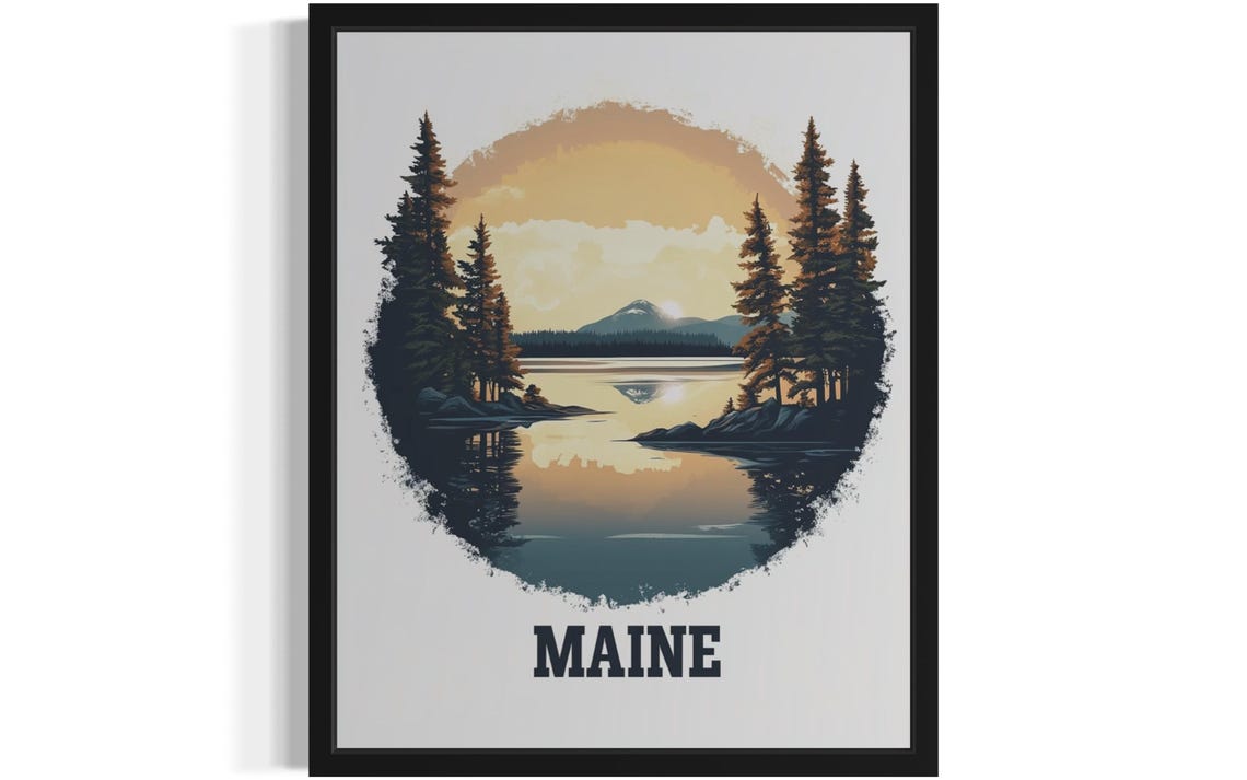 Maine Golden Sunrise Over Lake Pines Mountain Reflection Poster