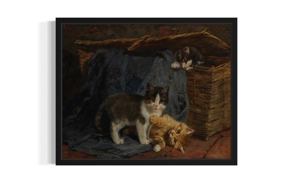 Vintage Kittens Playing by Basket Classic Oil Painting Poster