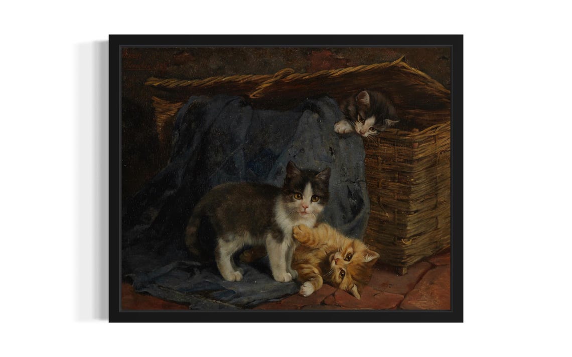 Vintage Kittens Playing by Basket Classic Oil Painting Poster