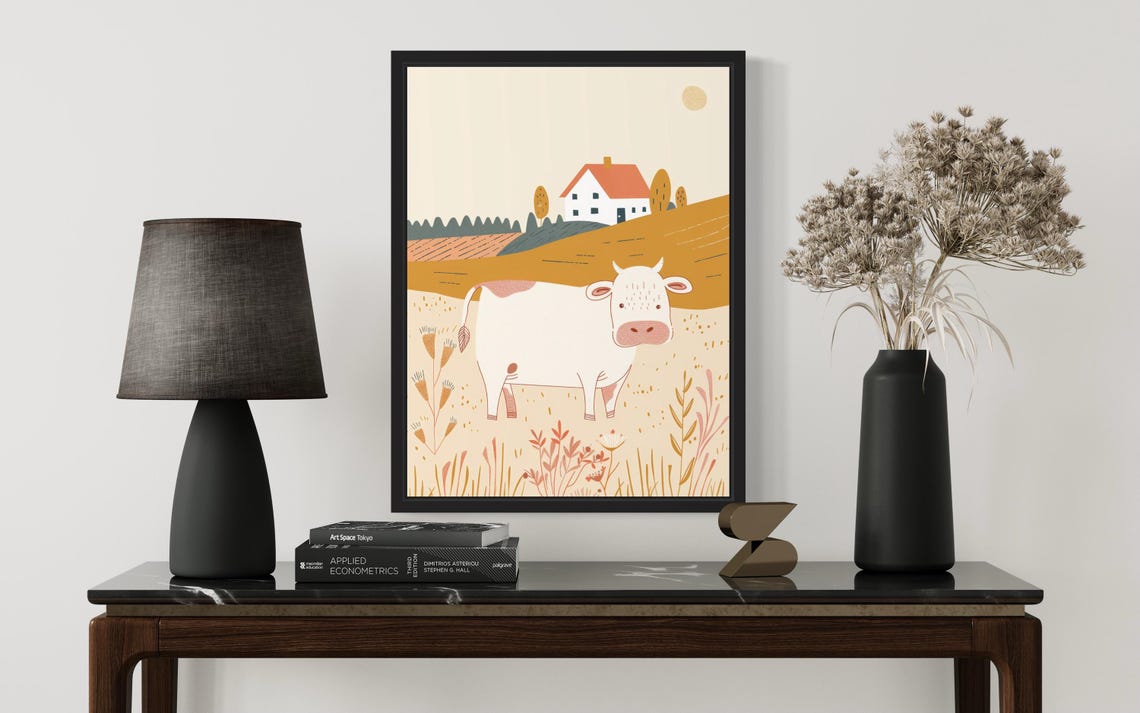 White Cow Farmhouse Golden Field Boho Landscape Artwork Poster - Image 3