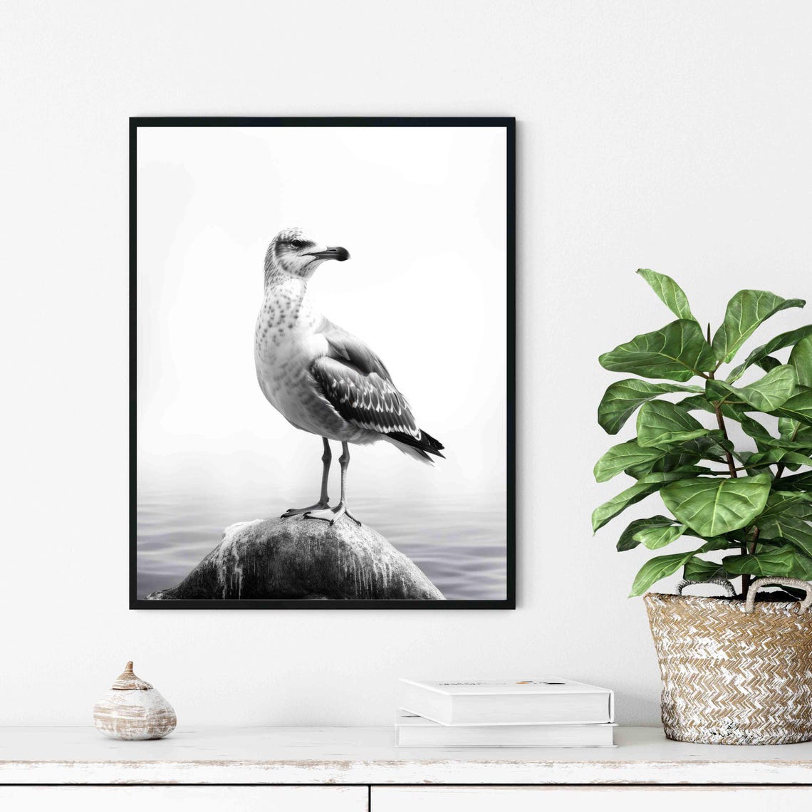 Seagull Black and White Coastal Seabird on Rock Portrait Poster - Image 3