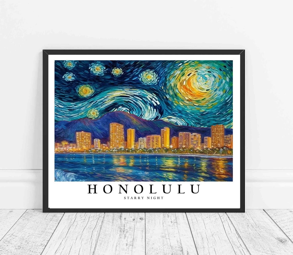 Honolulu Starry Night Van Gogh Style Ocean Skyline Art Poster