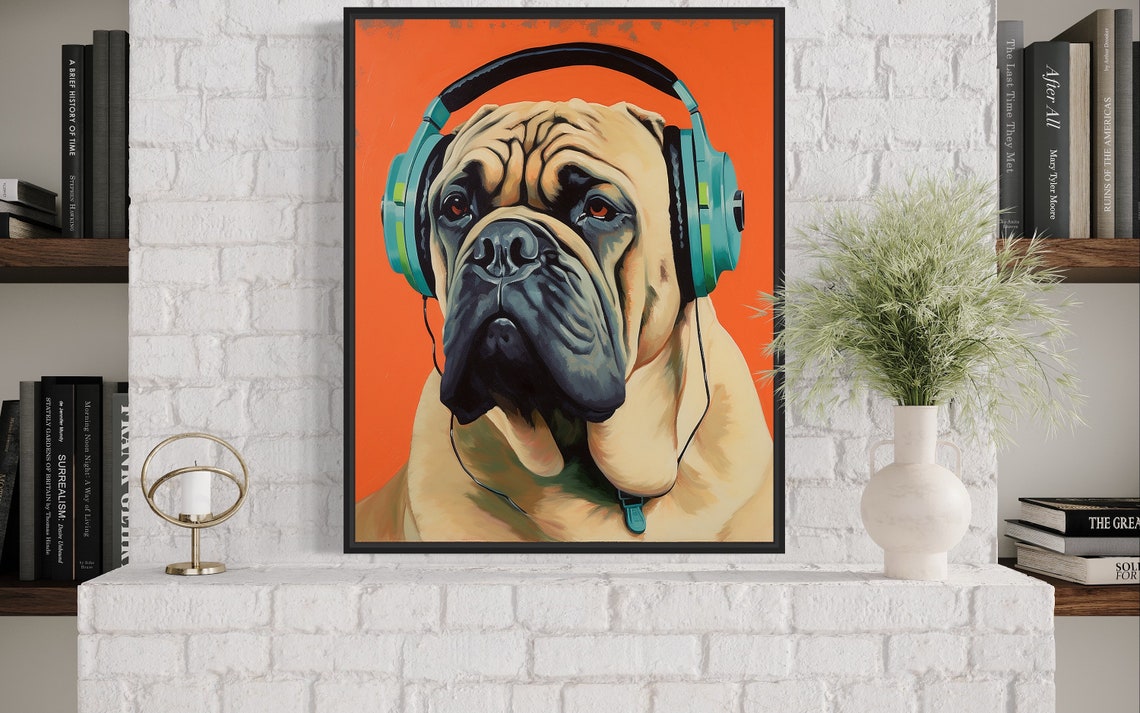 English Mastiff Wearing Headphones Orange Pop Art Dog Poster - Image 4