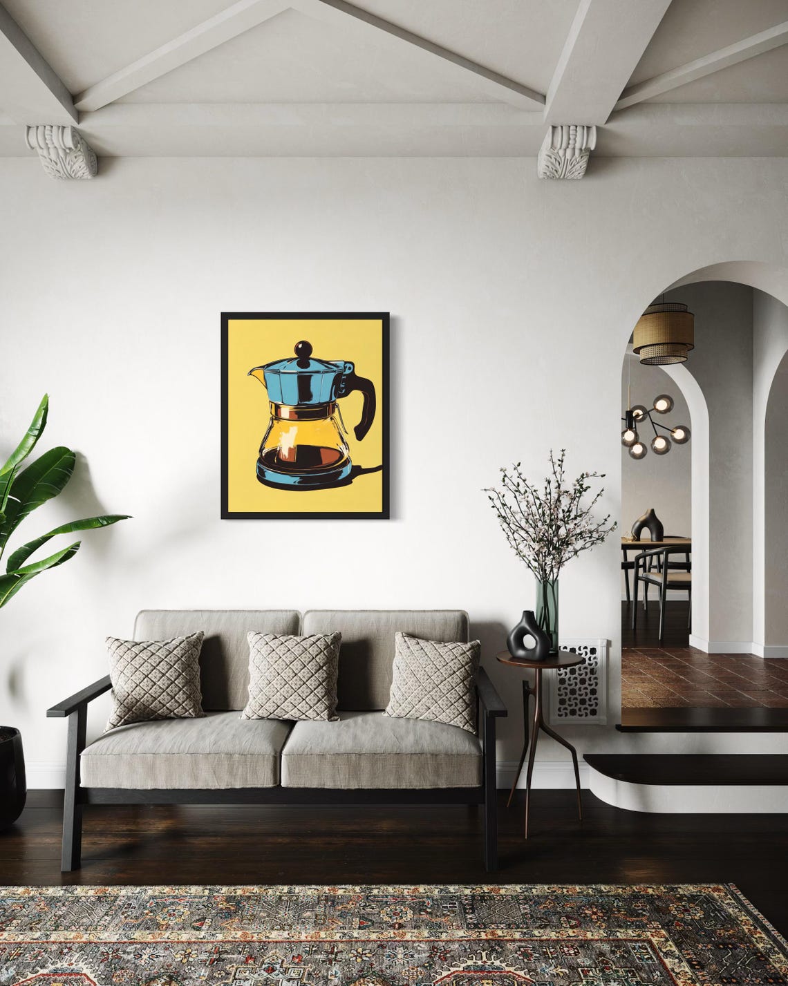 Retro Blue Coffee Pot Pop Art Print on Mustard Yellow Background - Image 2