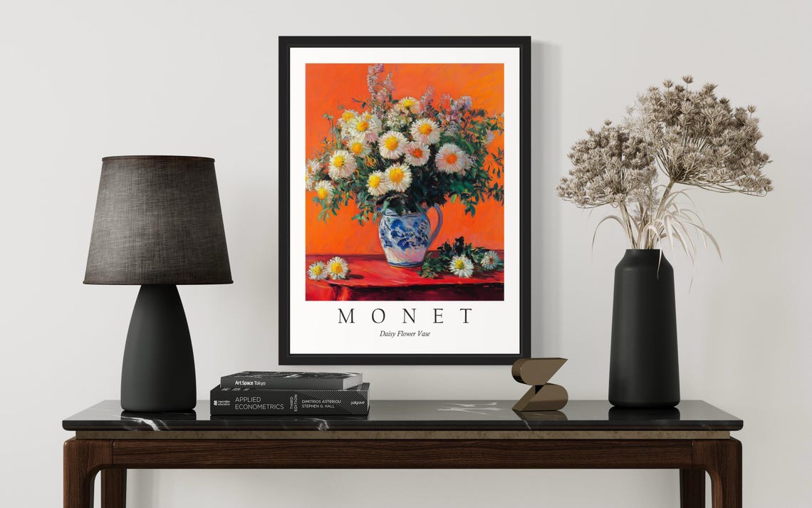 Monet Daisy Flower Vase White Daisies Orange Background Poster - Image 3