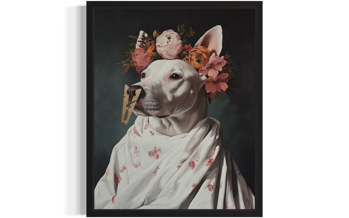 White Bull Terrier Flower Crown Clothespin Funny Bathroom Poster