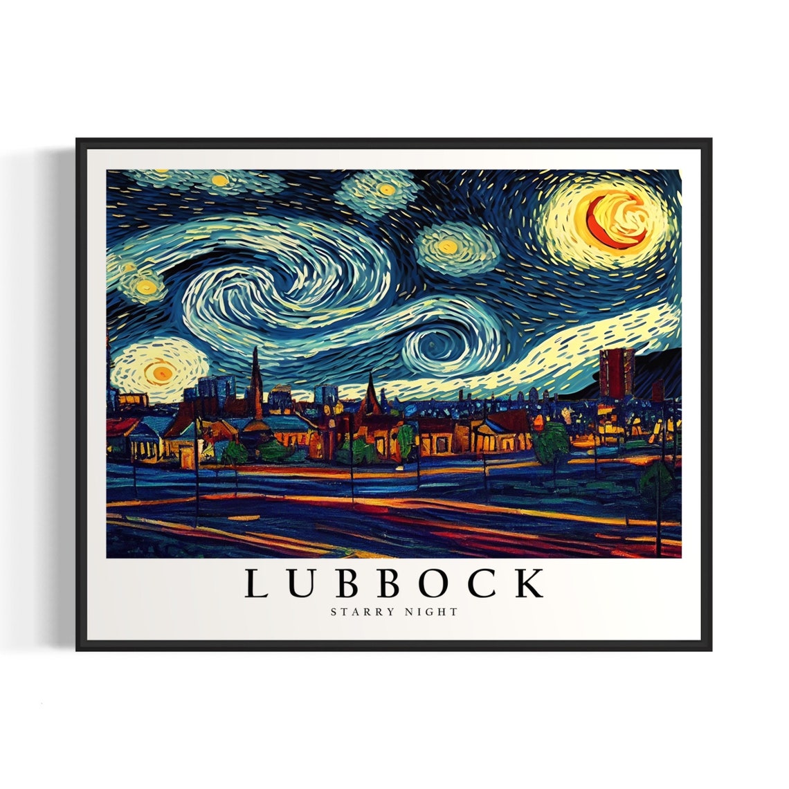 Lubbock Texas Downtown Skyline Van Gogh Starry Night City Poster