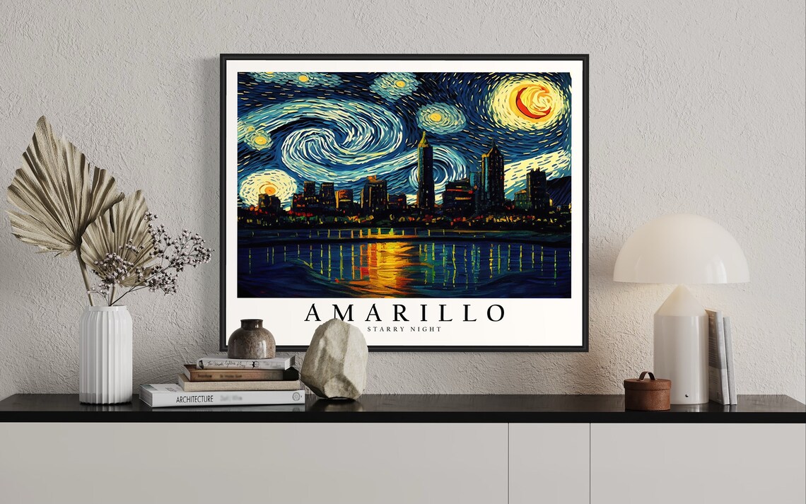 Amarillo Texas Starry Night Skyline Glowing Water Reflection Art Poster - Image 3