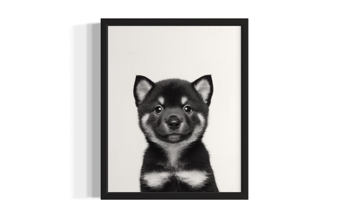 Minimalist Black Shiba Inu Puppy Portrait Black and White Poster