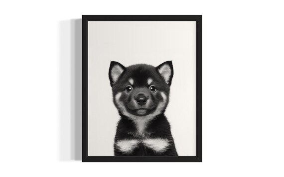 Minimalist Black Shiba Inu Puppy Portrait Black and White Poster