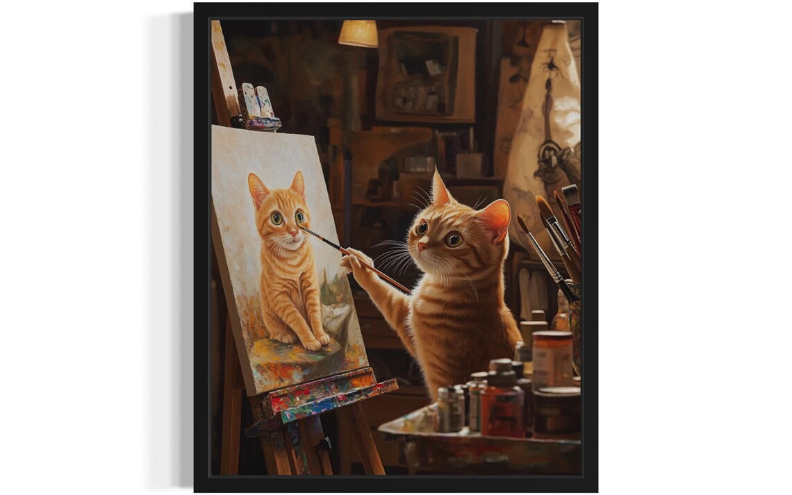 Cat Artist Art Print, Original Paint Artwork