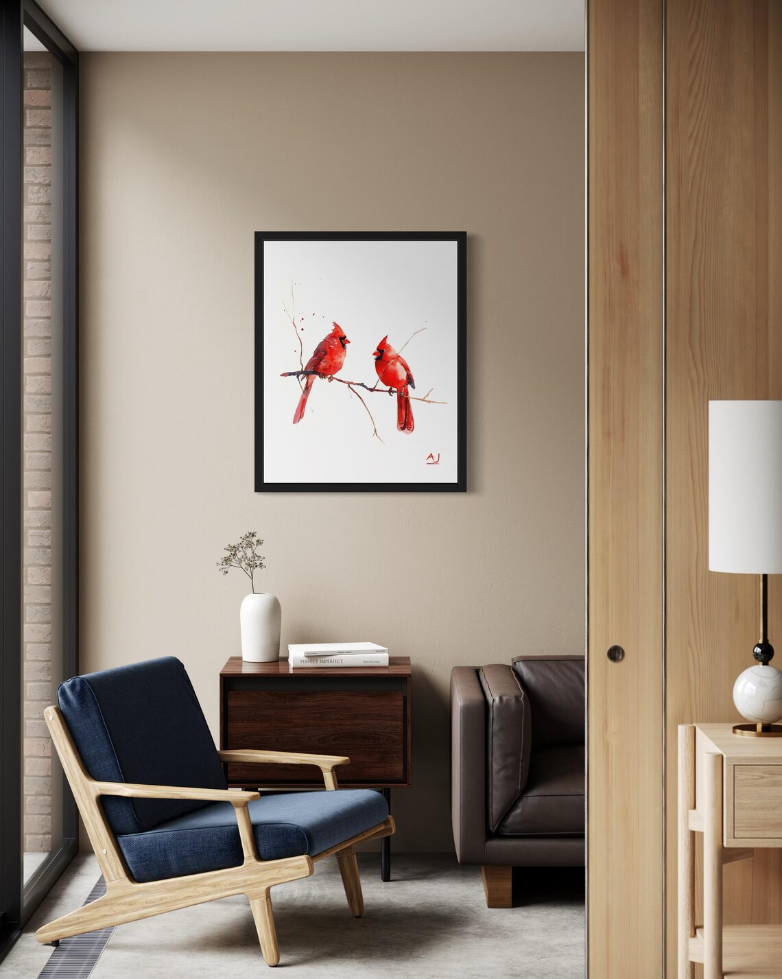 Pair of Red Cardinals on Bare Branch Minimalist Watercolor Poster - Image 4