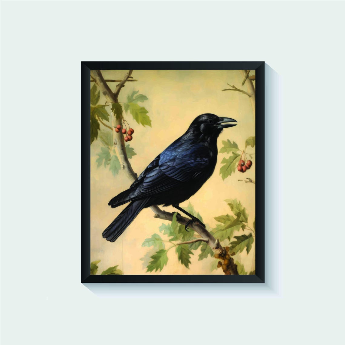 Black Crow Bird Vintage Botanical Style Nature Painting Poster