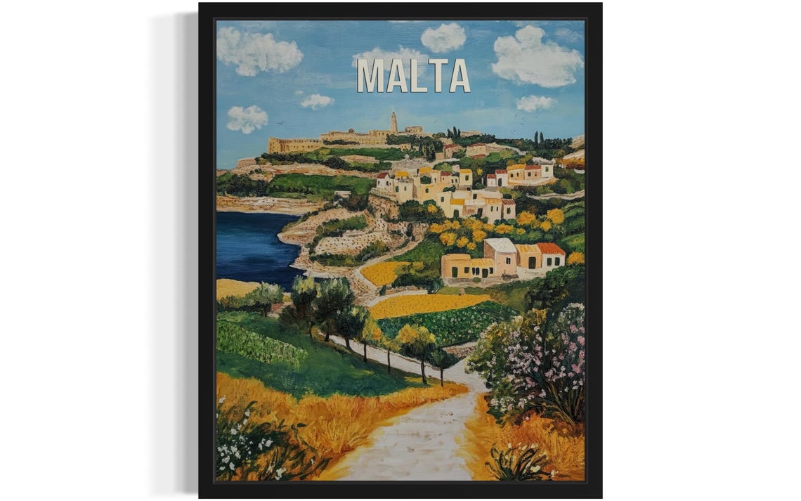 Malta Coastal Hill Town with Fortress Above the Bay Travel Poster
