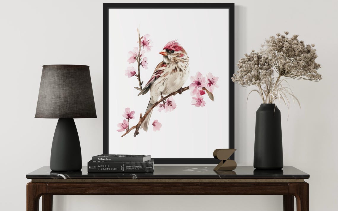 Common Redpoll Songbird on Pink Blossoms Watercolor Bird Poster - Image 2