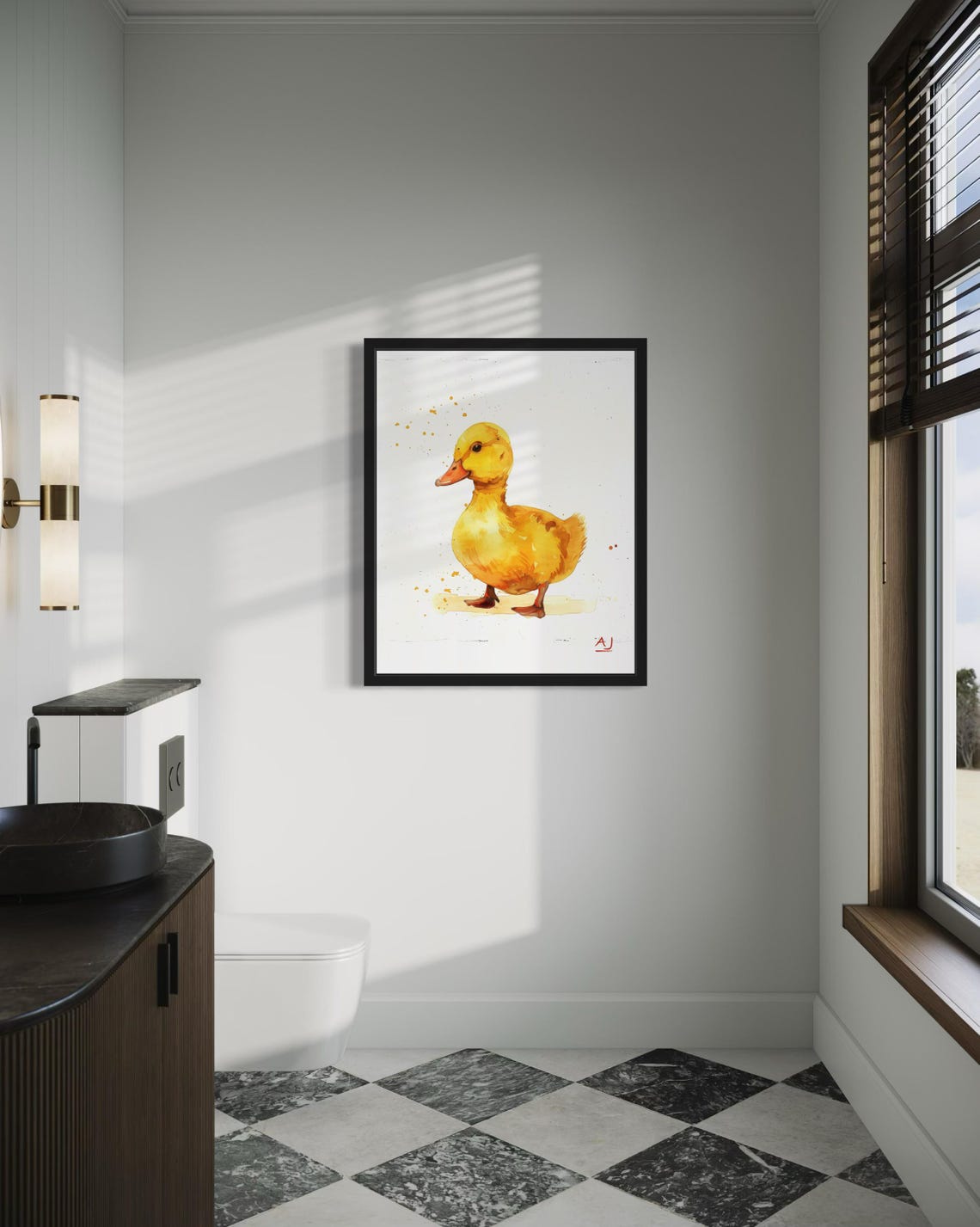 Yellow Duckling Watercolor With Orange Paint Splashes Poster - Image 4