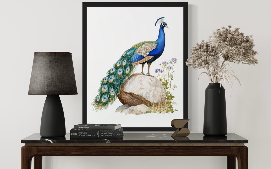 Indian Peacock Standing Tall on a Boulder Watercolor Bird Poster - Image 2