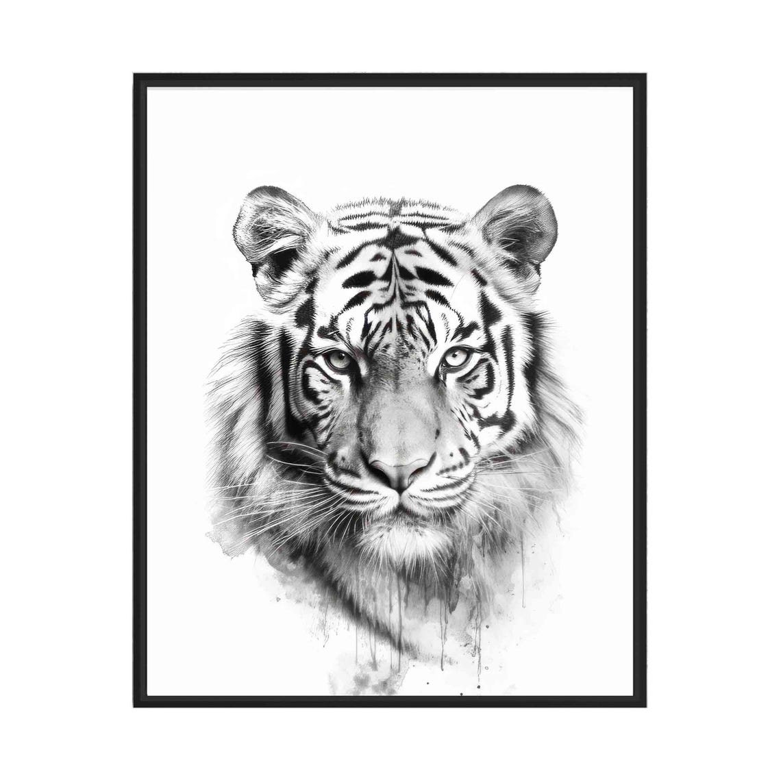 Tiger Black and White Watercolor Wild Big Cat Portrait Poster