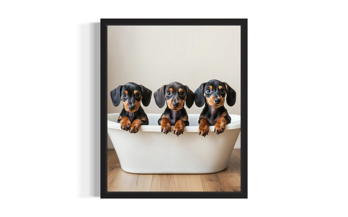 Three Black and Tan Dachshund Puppies in White Bathtub Photo Poster