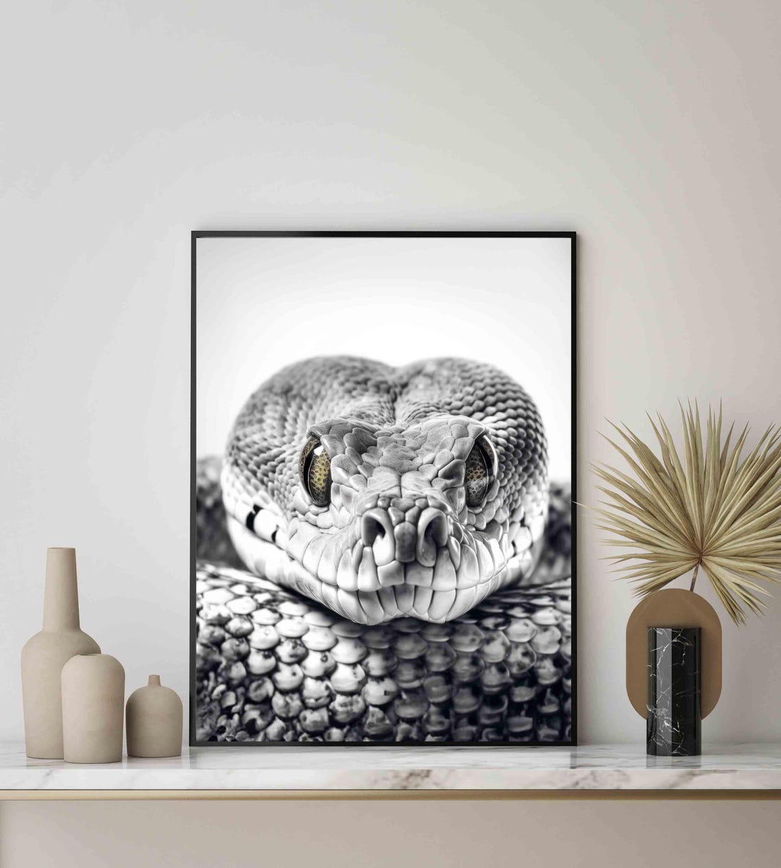 Python Snake Black and White Reptile Close Up Portrait Poster - Image 4