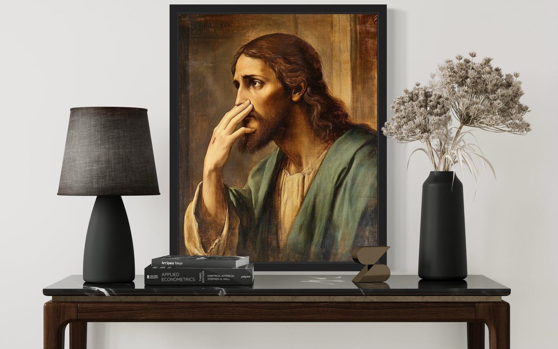 Funny Jesus Christ Style Figure in Robe Holding His Nose Poster - Image 4