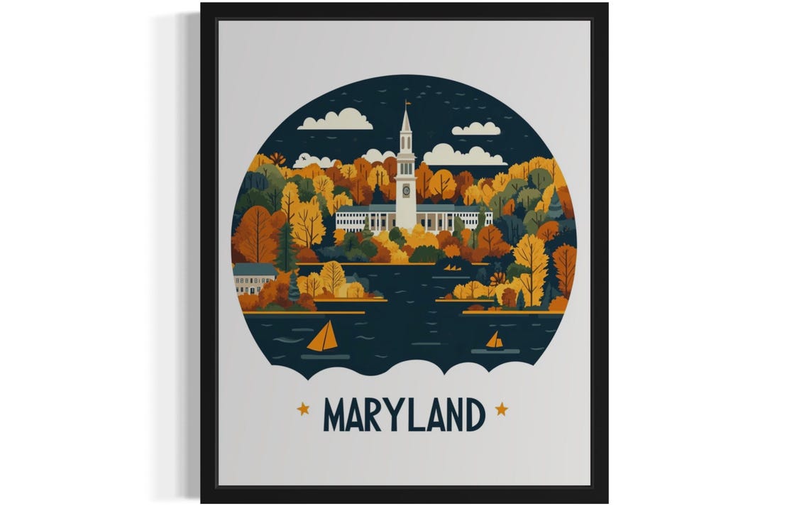 Maryland Historic State House Harbor Fall Sailing Scene Poster