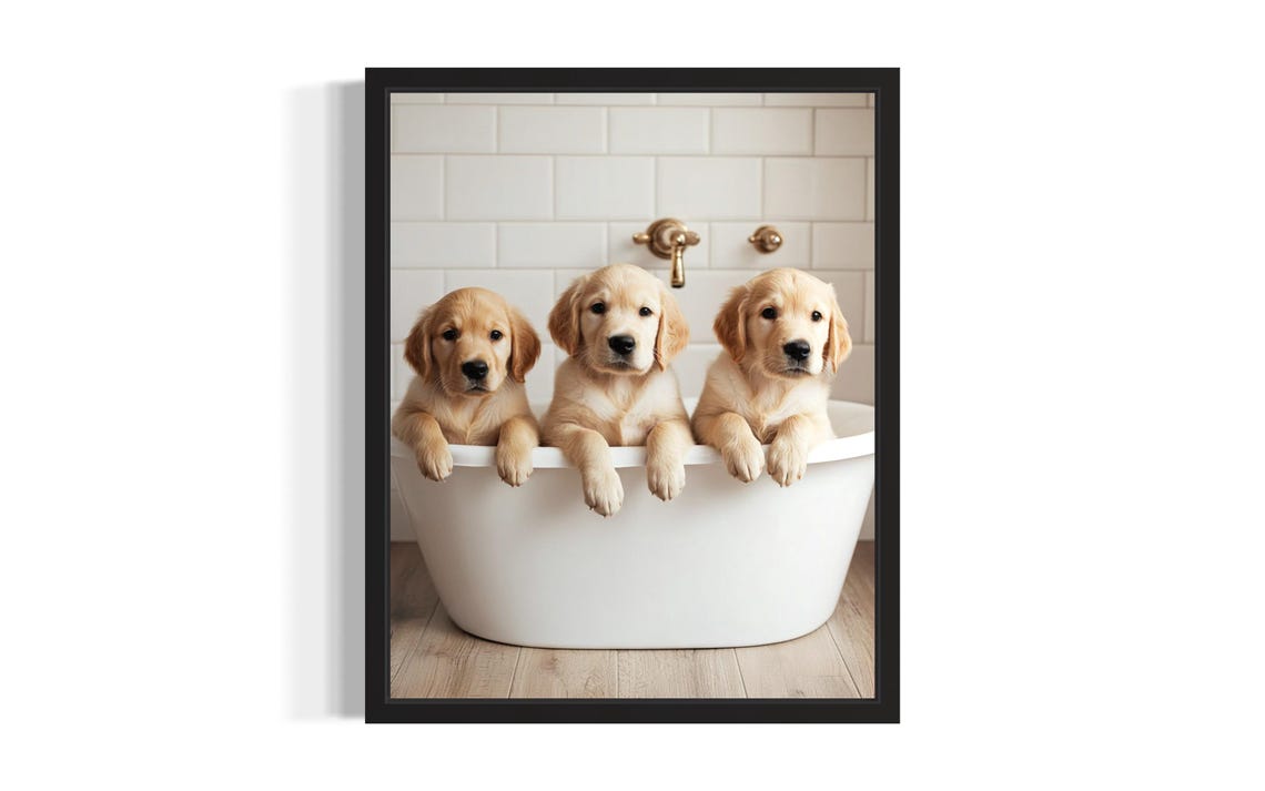 Three Golden Retriever Puppies Lined Up in a White Bathtub Poster