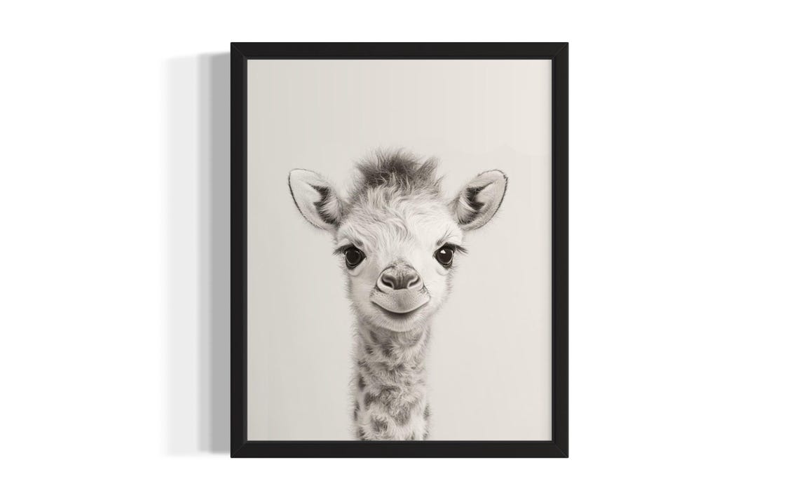 Baby Giraffe Black And White Minimalist Nursery Animal Portrait Poster