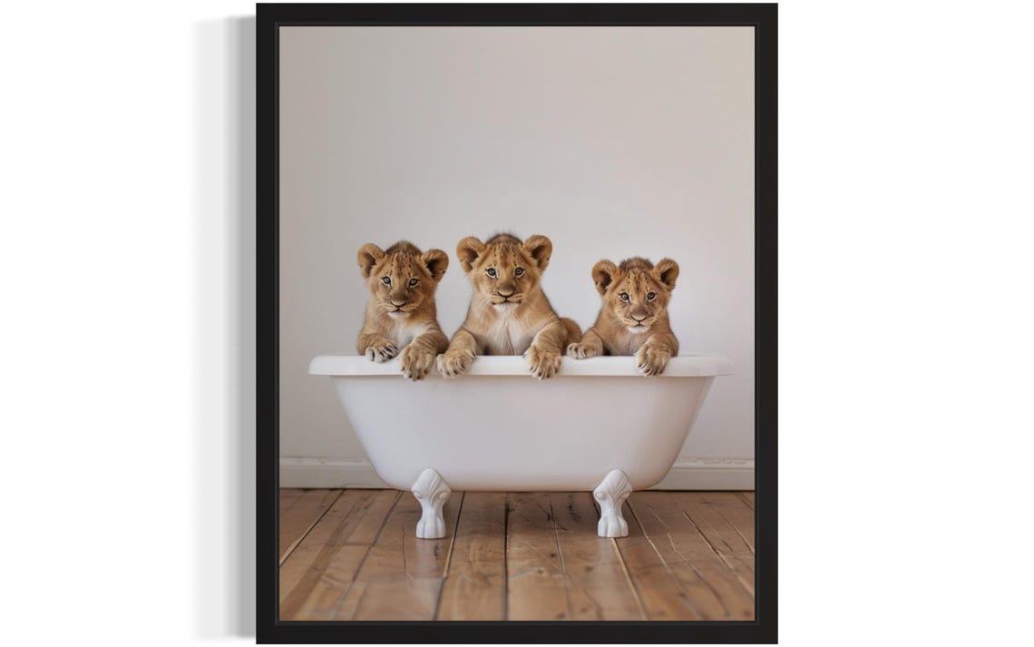 Three Lion Cubs Peeking Over a White Clawfoot Bathtub Photo Poster