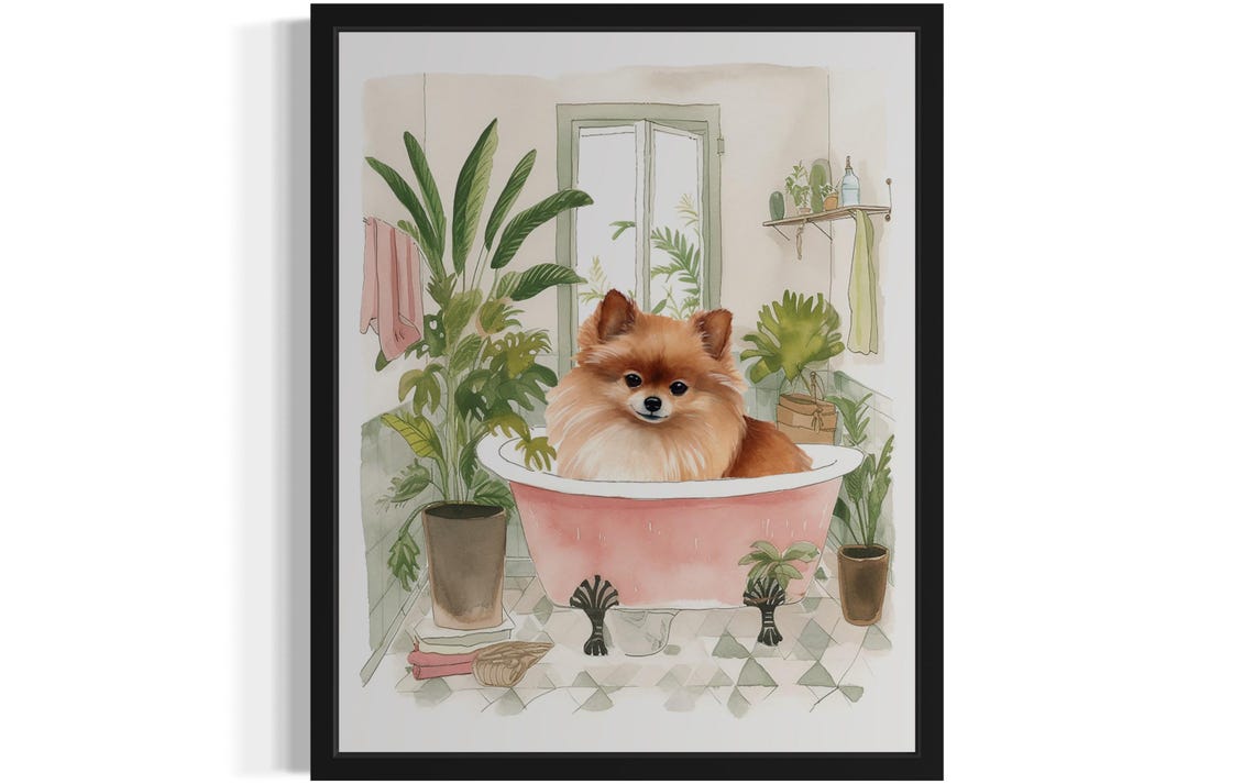 Pomeranian Dog Bath Time Pink Clawfoot Tub Botanical Art Poster