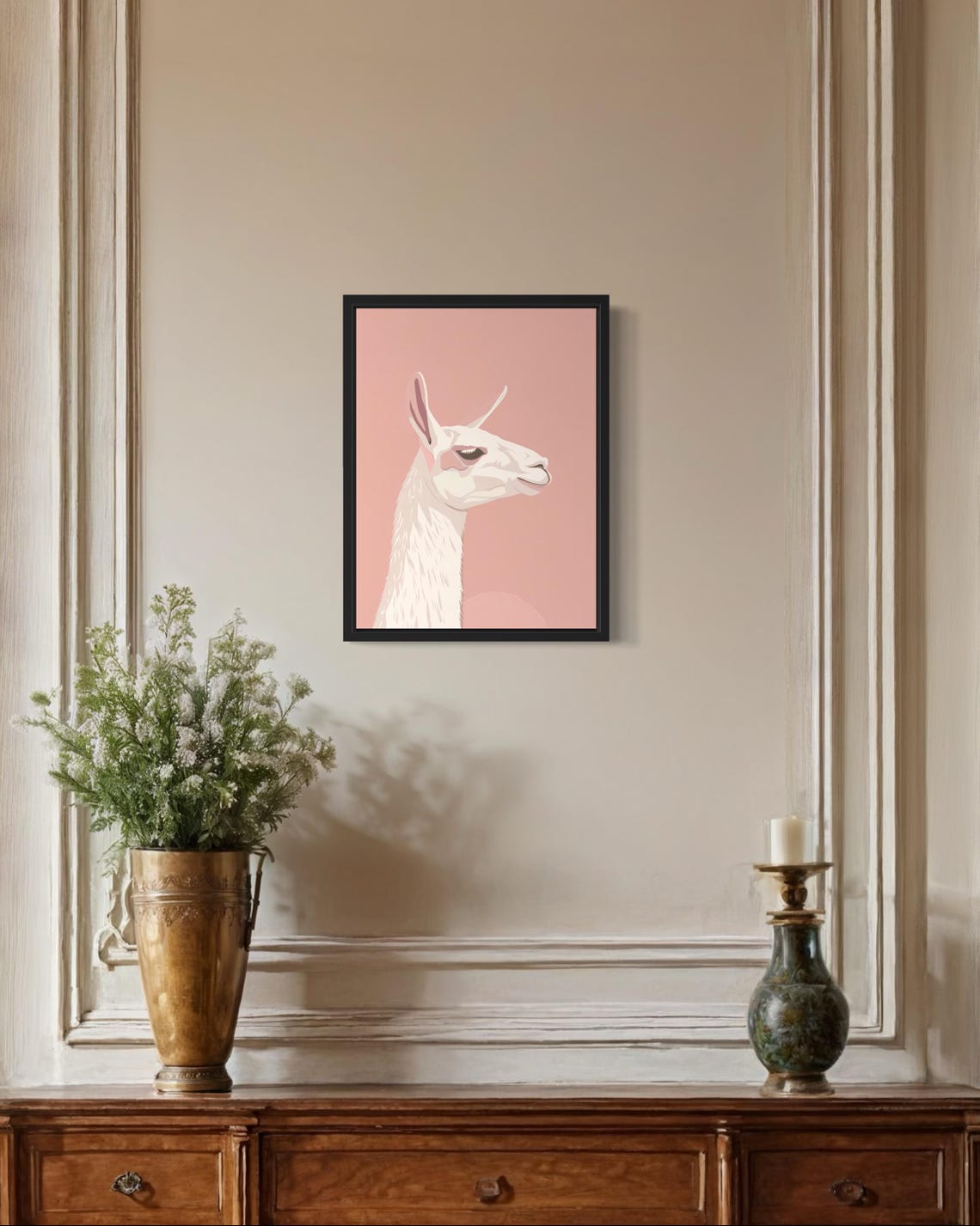 White Llama Head Profile Blush Pink Background Modern Art Poster - Image 2