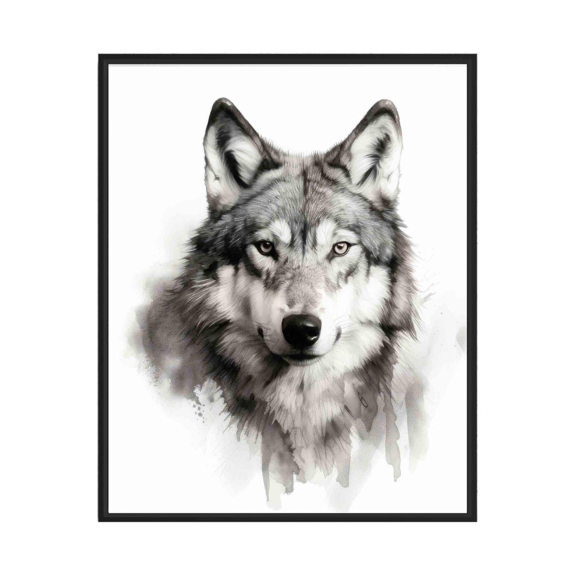 Wolf Black and White Watercolor Style Canine Portrait Poster