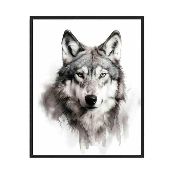 Wolf Black and White Watercolor Style Canine Portrait Poster