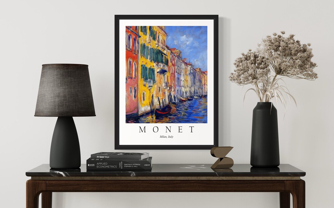Colorful Canal Front Houses in Milan Italy Monet Style Poster - Image 3